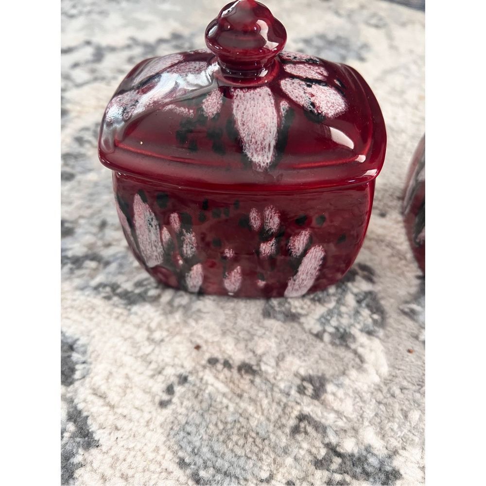 Lot of 2 Duncan Enterprises 1976 Abstract Print Lidded Ceramic Jar Red Canister